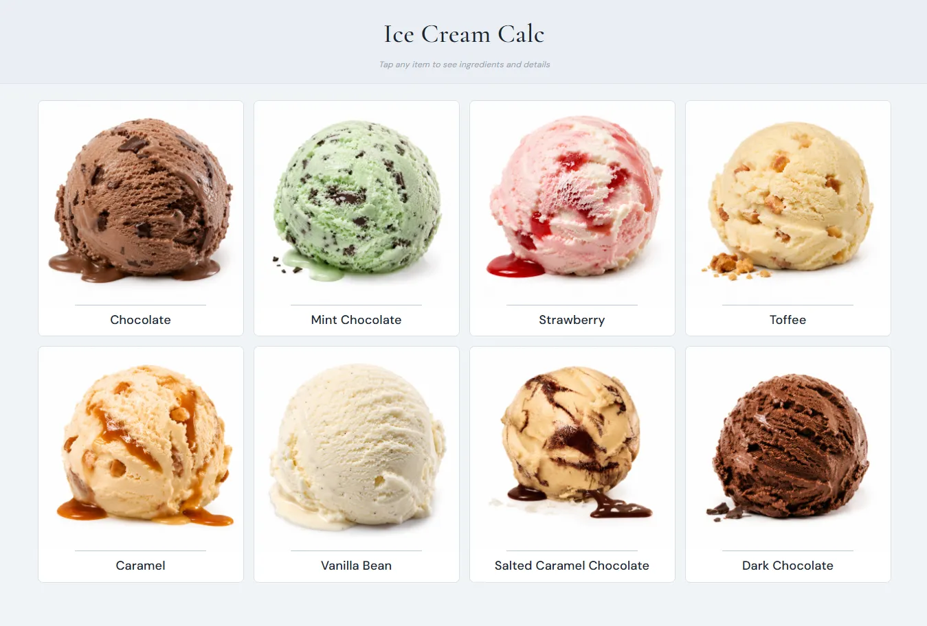 A Showcase menu with eight ice cream flavors, each with a photo: Chocolate, Mint Chocolate, Strawberry, Toffee, Caramel, Vanilla Bean, Salted Caramel Chocolate and Dark Chocolate